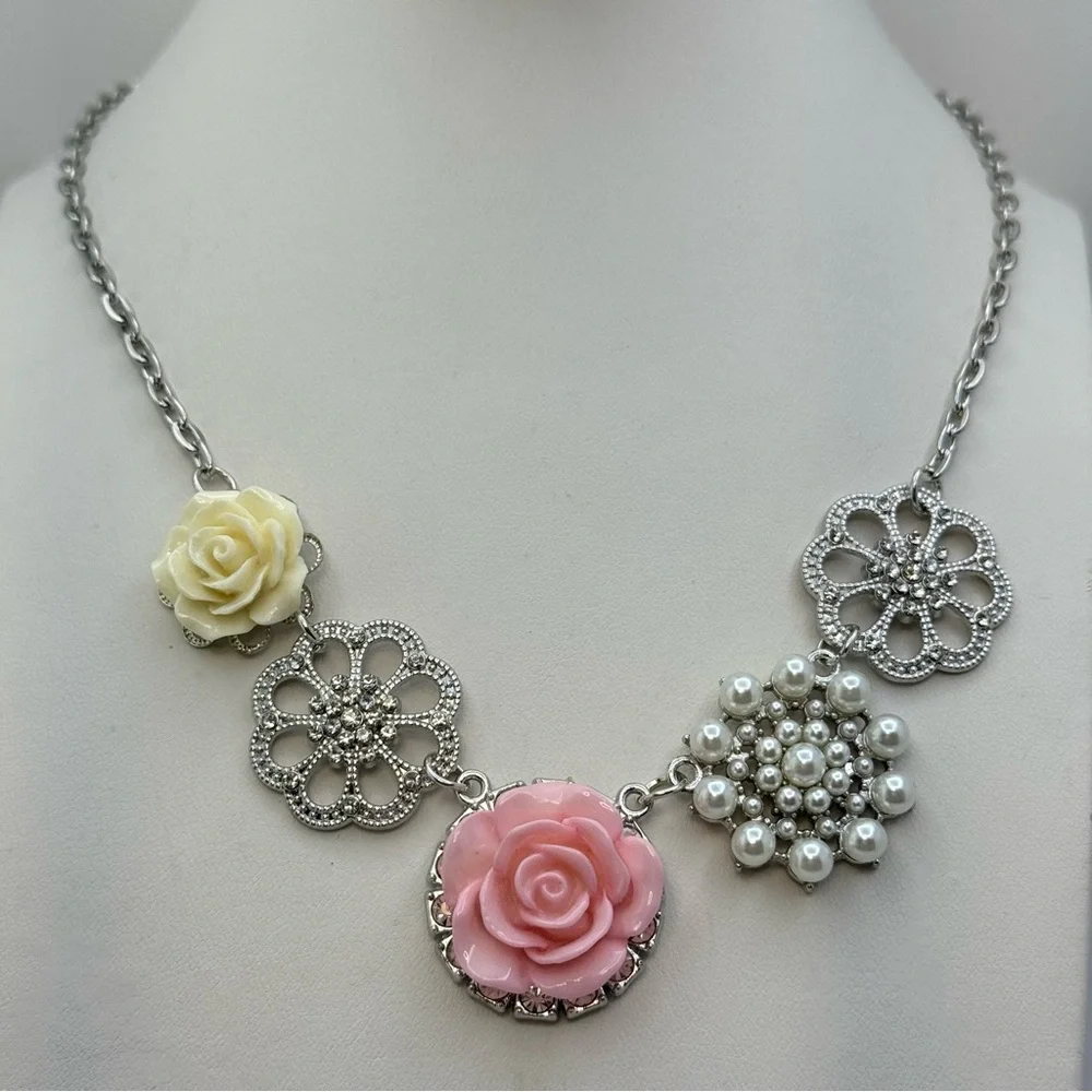 Silver Pink Yellow Rose Faux Pearl Floral Statement Necklace Cottagecore